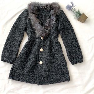 NWOT Fur trim coat, marbled grey, wool, size XS/S, gold button.